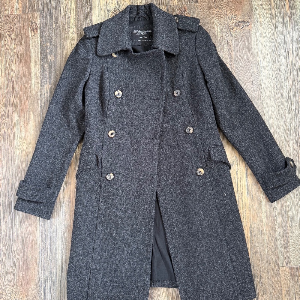 All Saints Double-Breasted Wool Coat – Charcoal – Size 10